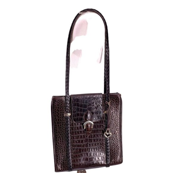 Vintage Brighton Brown Croc Embossed Leather Braided Strap Shoulder Bag Purse